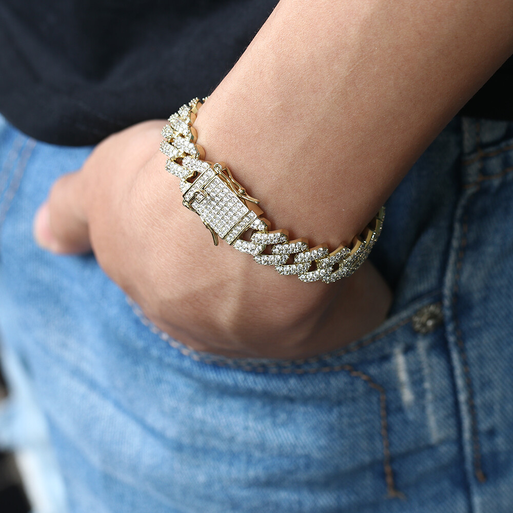 White Gold Plated Iced CZ Out Stainless Steel Miami Cuban Link Bracelet Or Chain
