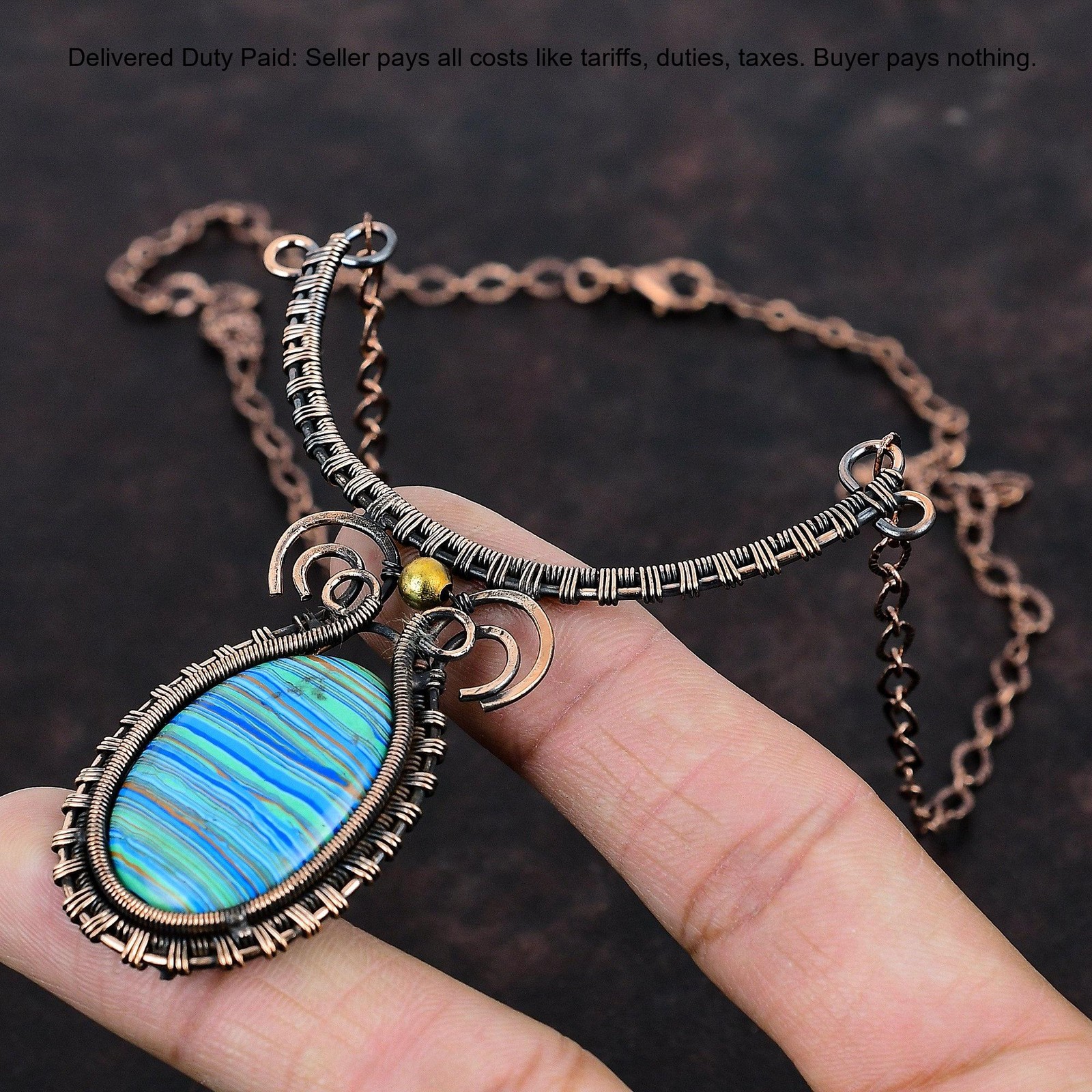 Copper Rainbow Calsilica Stone Chain Wire Wrapped Engagement Necklace Jewelry