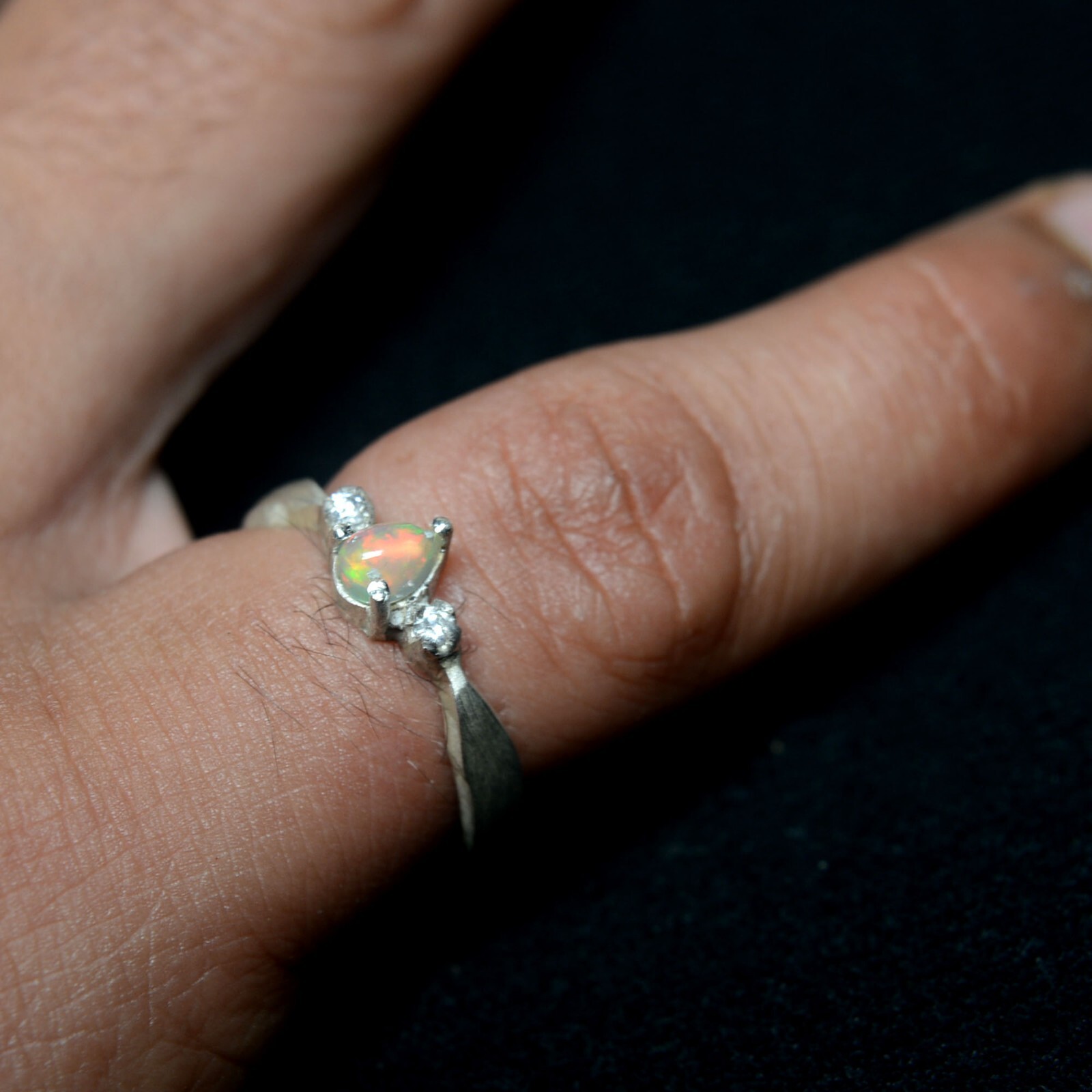 Genuine Ethiopian Multi Fire Opal Pear Gemstone 925 Sterling Silver Women Ring