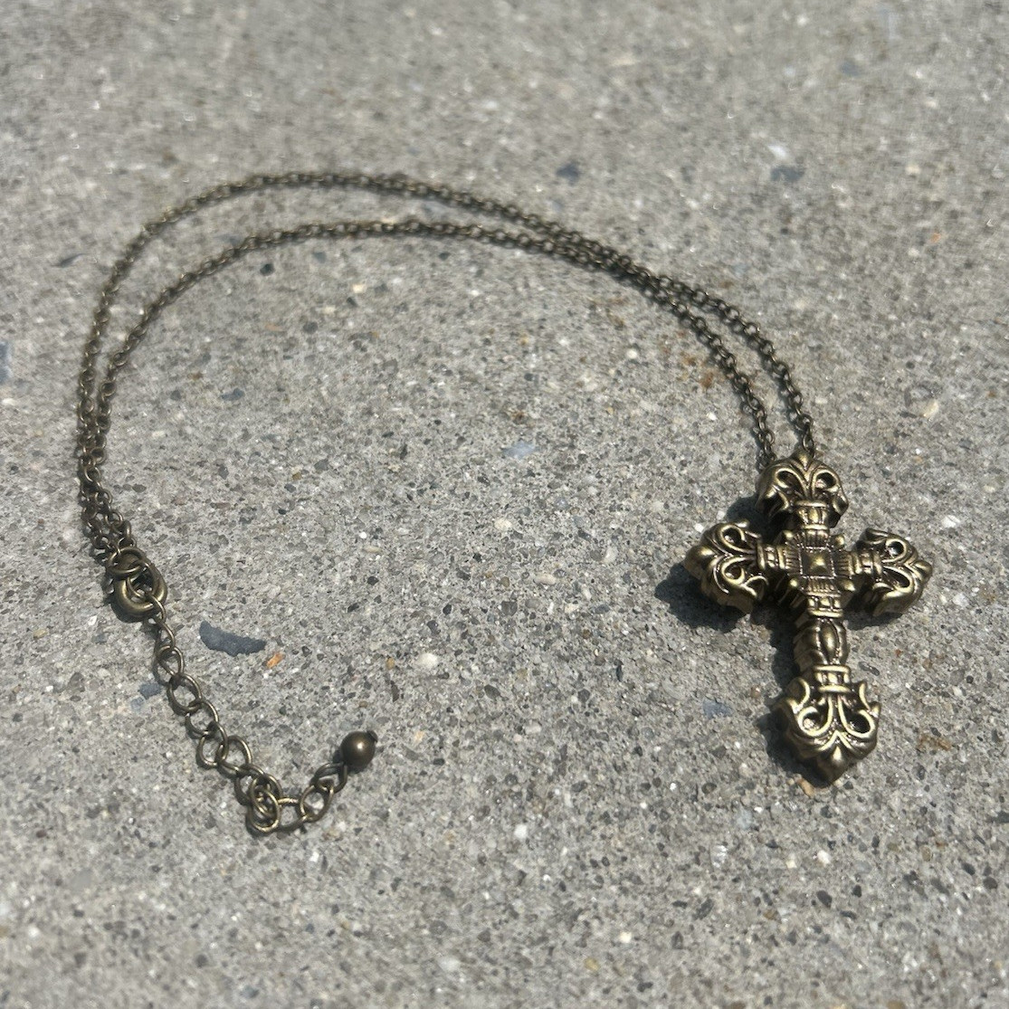 Brass Tone Cross Necklace w/ Adjustable Cable Chain