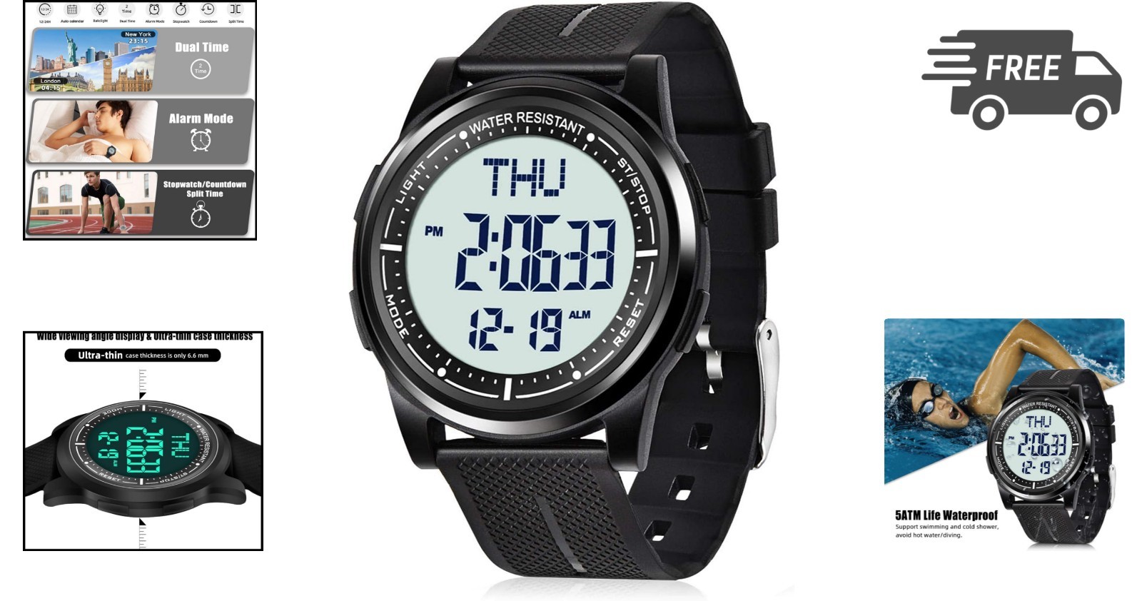 Digital Watch Waterproof with Stopwatch Alarm Countdown Dual Time for Men Women