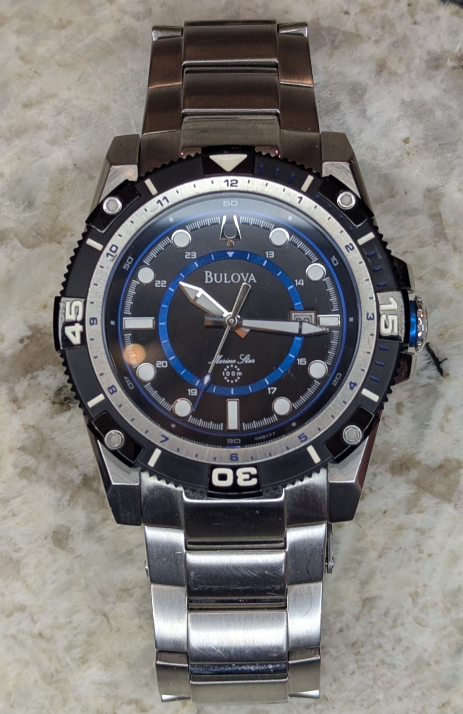 Bulova Marine Star 98B177 45mm Quartz Watch Blue Black Dial Date SS Bracelet