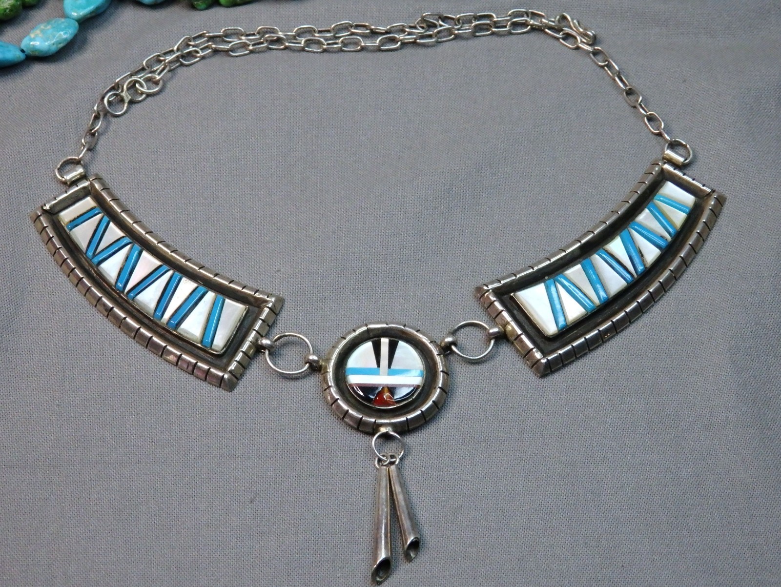 ZUNI Sleeping Beauty TURQUOISE ++ Sterling Silver SUNFACE 21″ Necklace