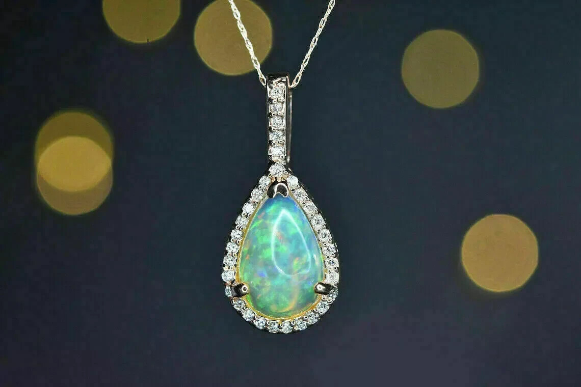 3Ct Pear Cut Fire Opal Halo Women’s Pendant Free Chain 14K White Gold Finish