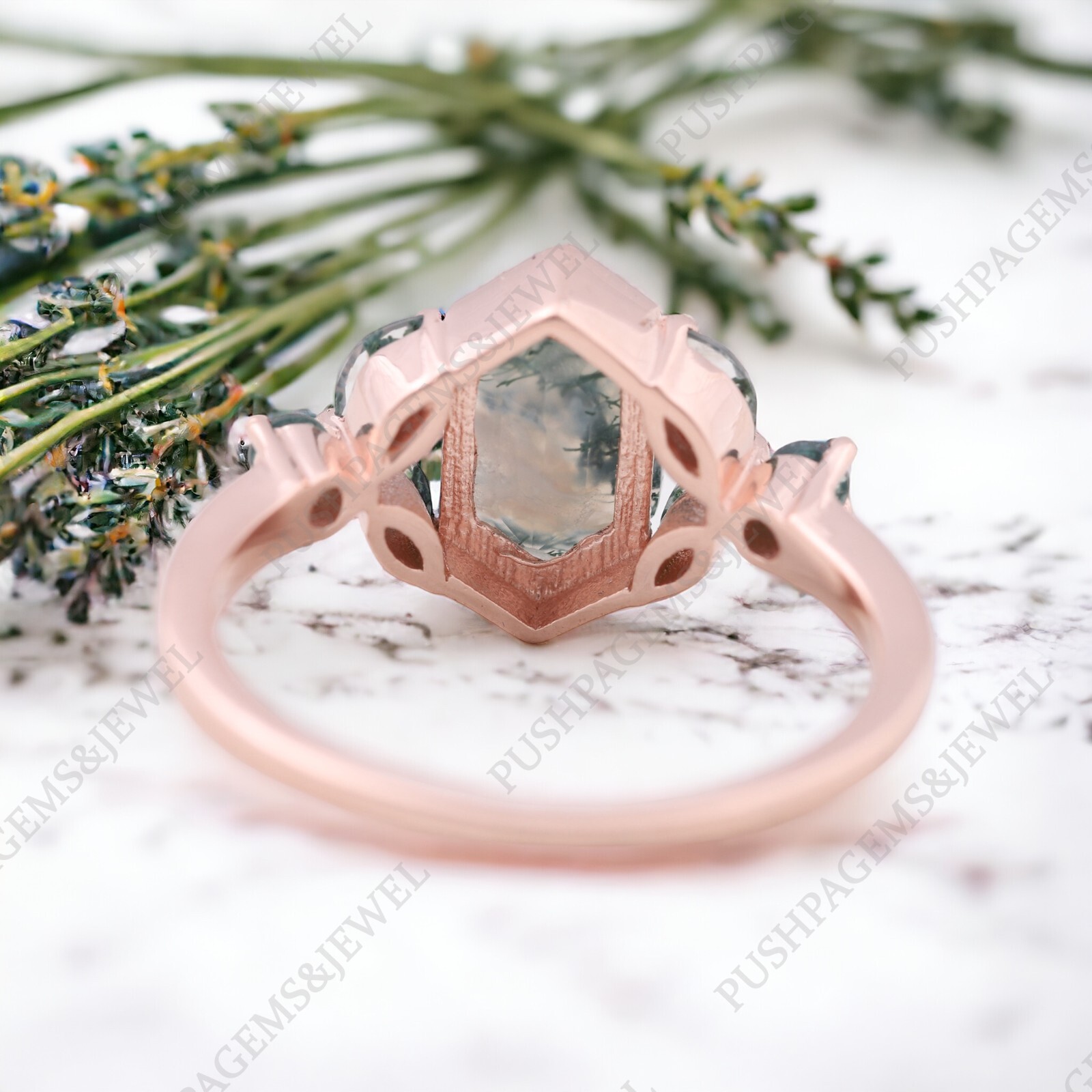 925 Sterling Silver 8×6 mm Hexagon Shape Natural Moss Agate Ring