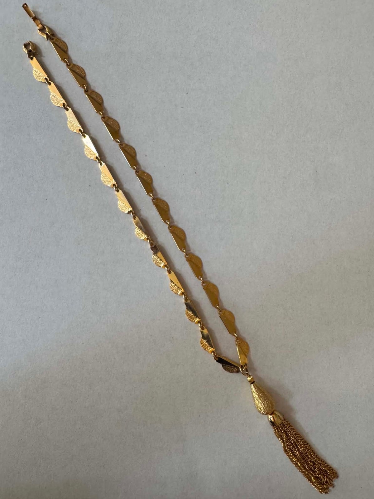 Vintage “Kramer” Textured Gold Tone Pendant Tassel Necklace ~ 18 inches