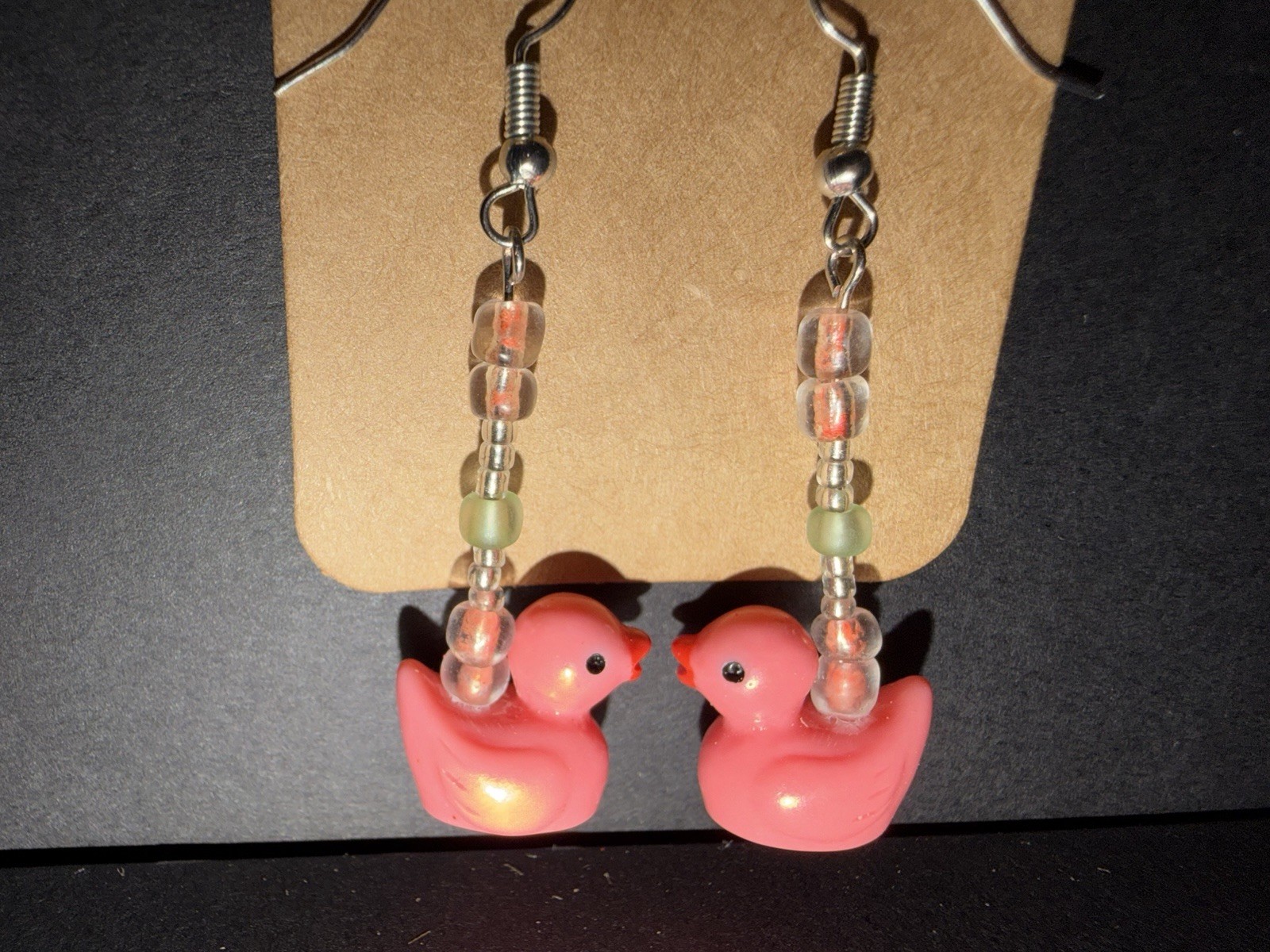 Handmade ooak coral duck dangle drop earrings with clear and colored glass beads