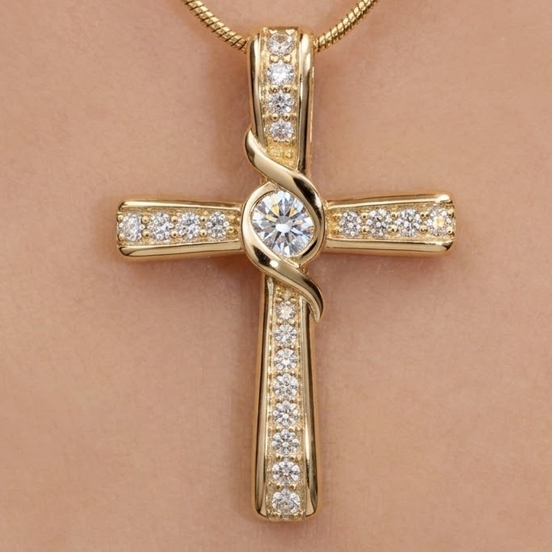 0.93 CT Round Moissanite Bezel Set Cross Pendant No Chain 14k Yellow Gold Plated