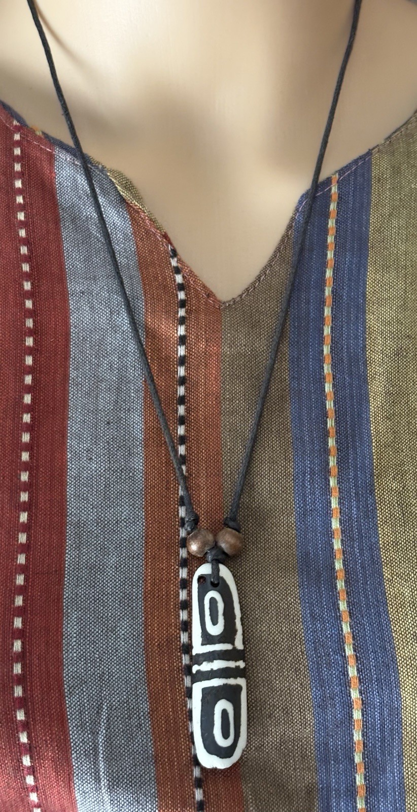 Rectangle Pendant Necklace Black Cord Black White Brown Beaded Adjustable Tie