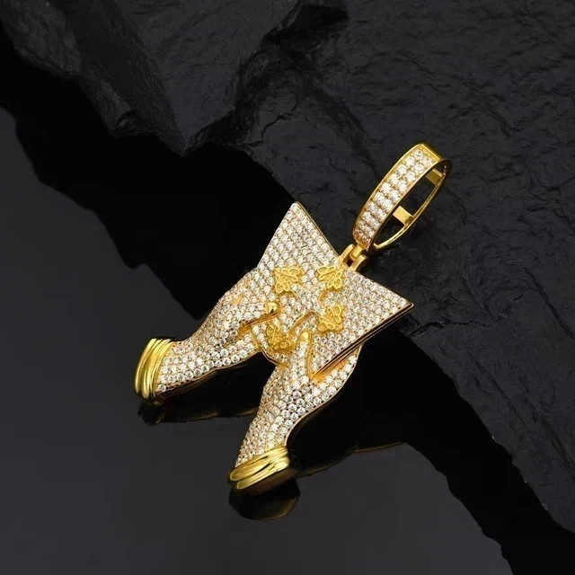 2Ct Real Moissanite Praying Hand Cross Pendant 14K Yellow Gold Plated Silver