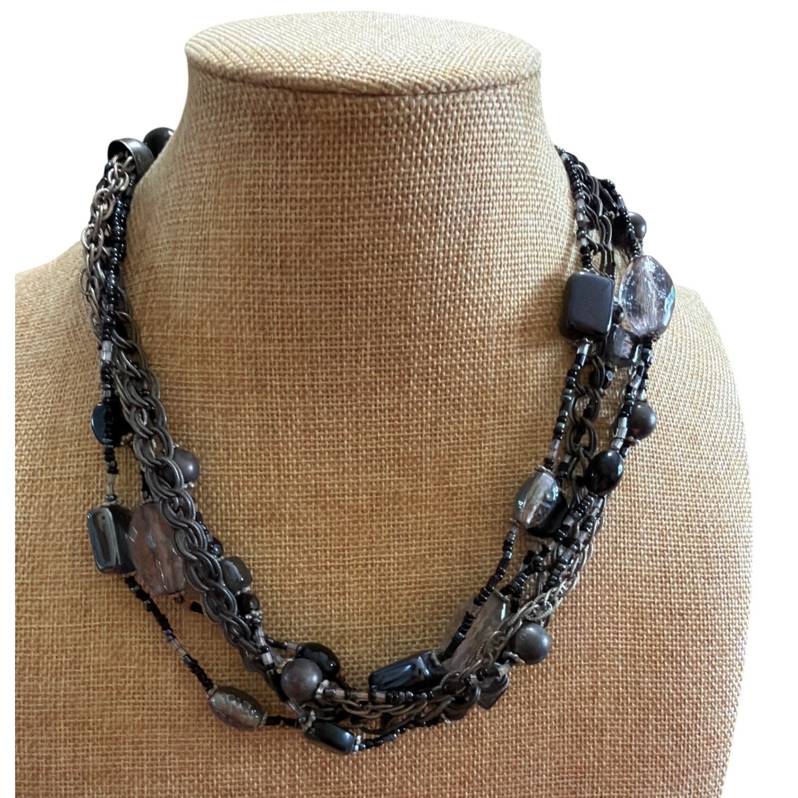 Multi Strand Beaded Statement Necklace Gunmetal Gray Black Chunky Layered Chunky