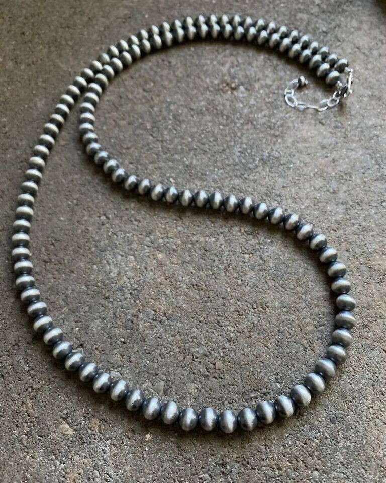 7mm 30 Inch 925 Sterling Silver Oxidized Pearls Bead Necklace Southwestern