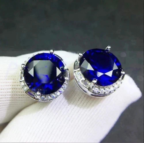 2Ct Round Lab Created Blue Sapphire Stud Earrings Womens 14K White Gold Plated