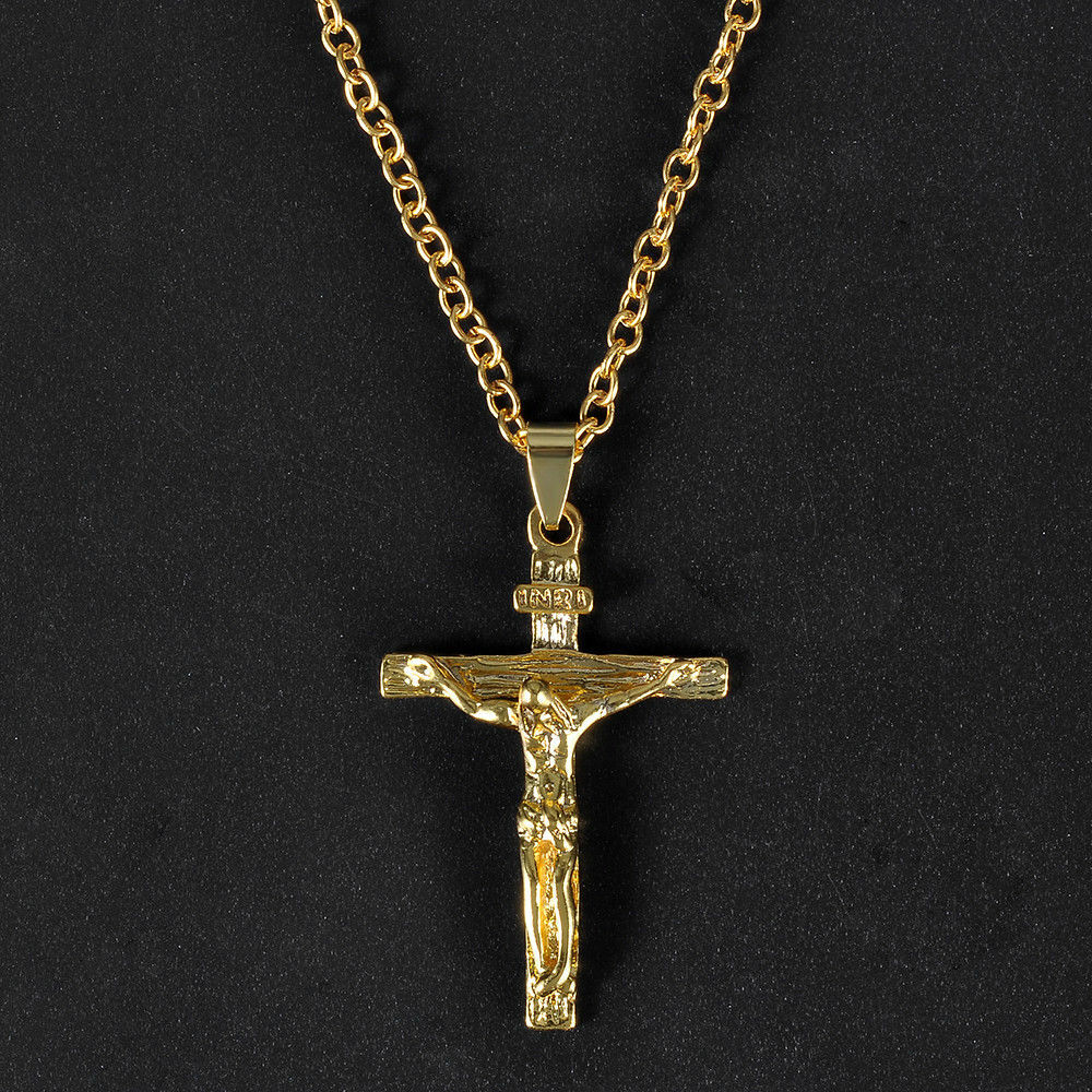 large JESUS CROSS CRUCIFIX pendant GOLD plated 18K necklace 22″ chain female men