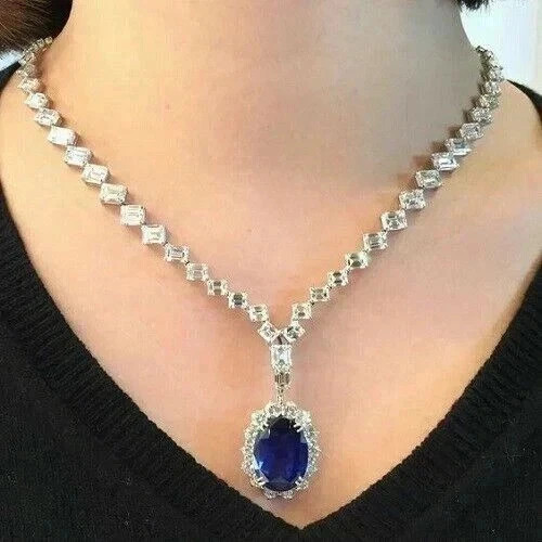 49CT Oval Cut Lab Created Sapphire Women’s Tennis Necklace 14K White Gold Plated