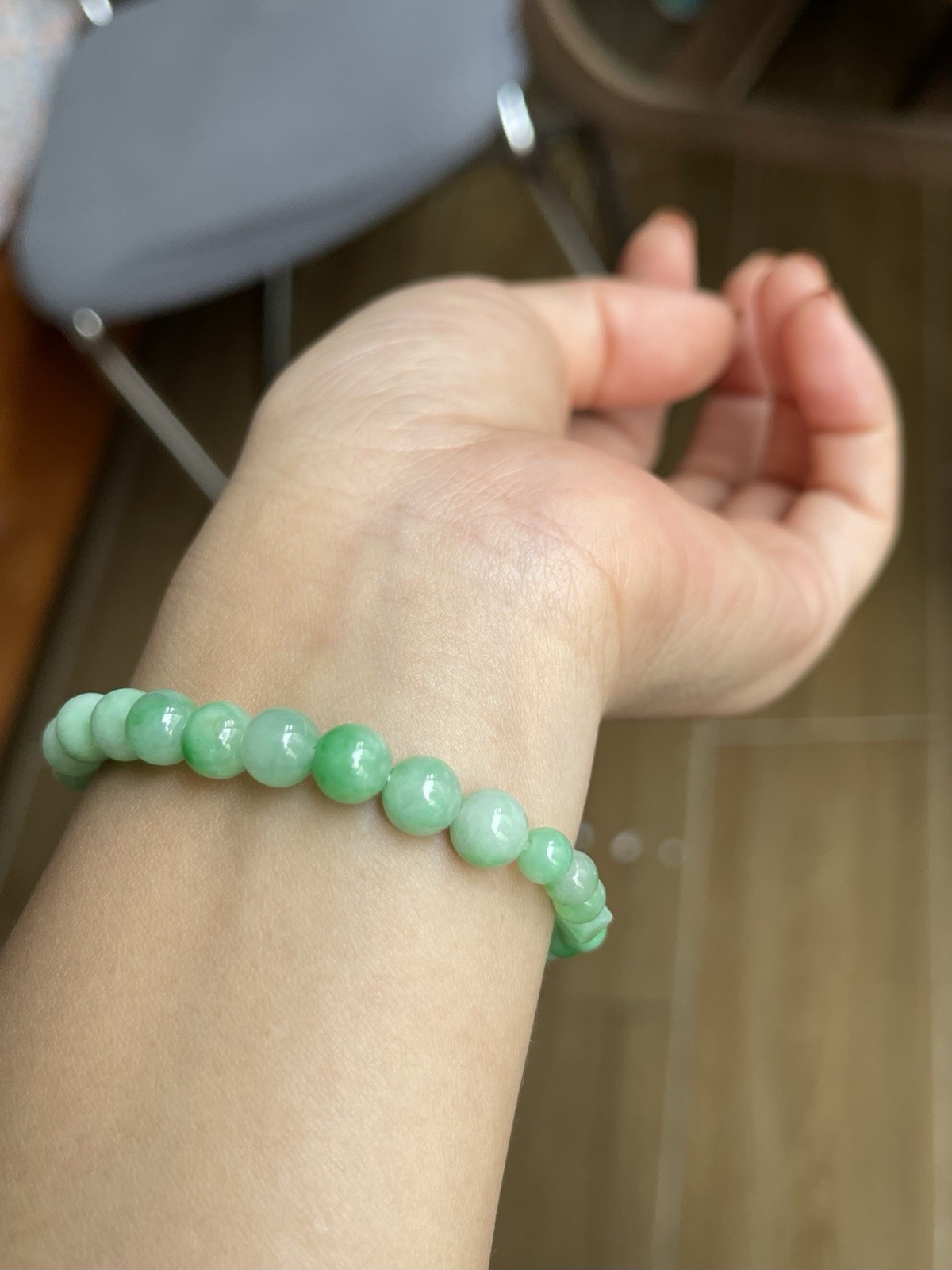 Natural Type A Burmese Jadeite Bracelet 15cm Apple Green 7.4-7.6mm Round Beads