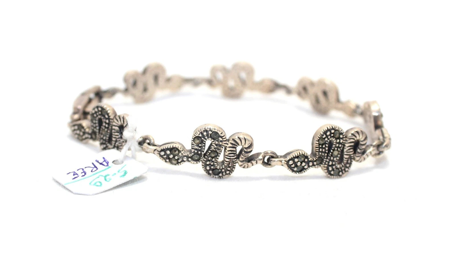 Charm Snake Reptile Bracelet Silver Sterling 925 Marcasite Stone Women Gift