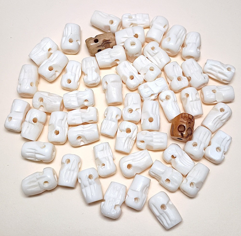 Buffalo Bone Skull Beads, 50 Pcs, White, Avg 12 mm, 2 mm Holes, 2 Brown Samples