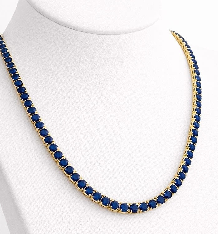 4MM Round Cut Lab Created Blue Sapphire Tennis necklace 14k Yellow Gold Plated