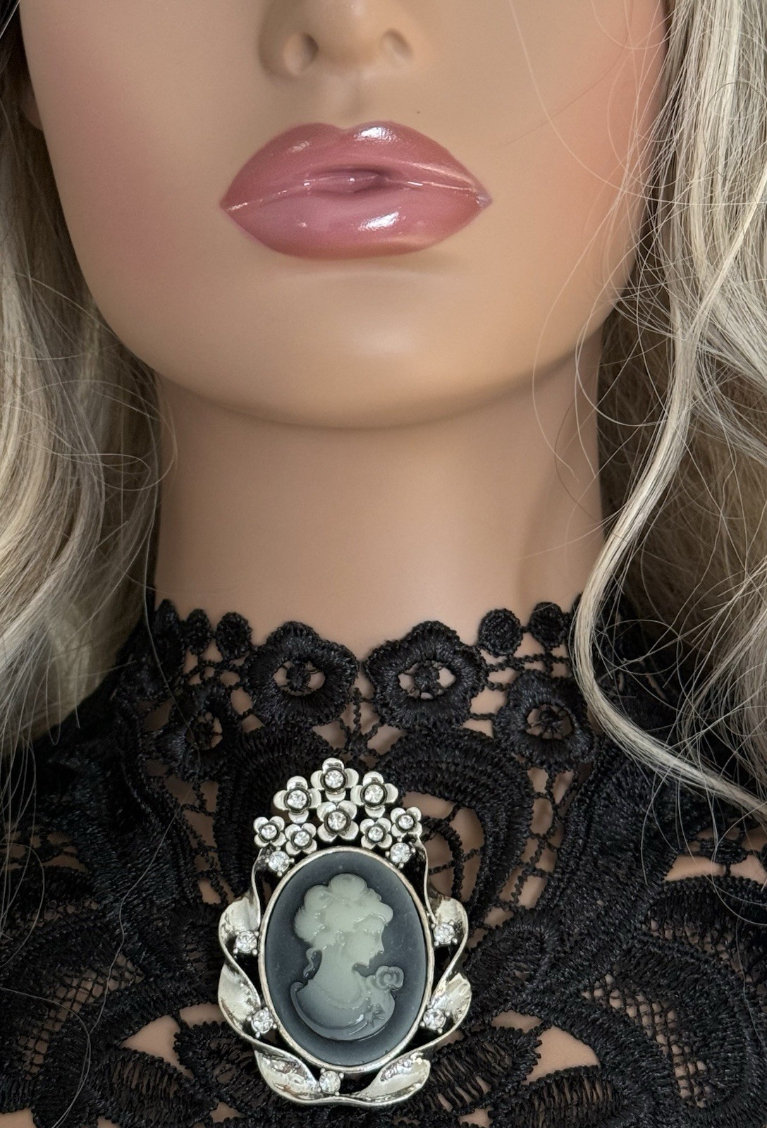 Vintage Inspired Cameo Brooch Pin – Silver Tone with Rhinestone Accents