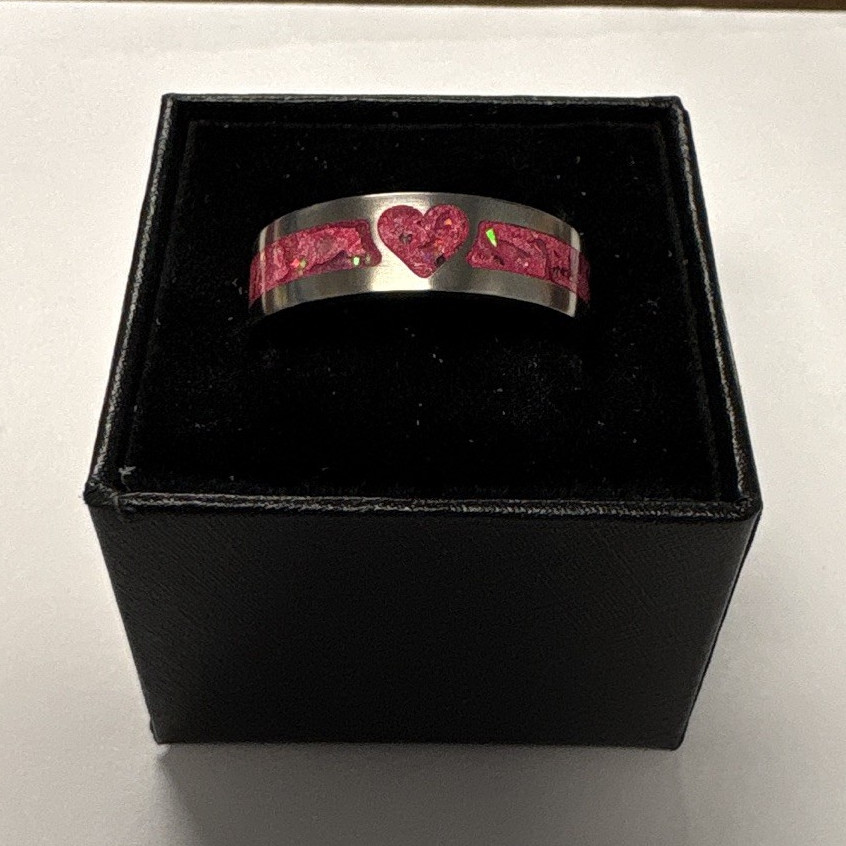 Size 8 pink heart with pink opal 6mm inlay titanium, hand made by seller