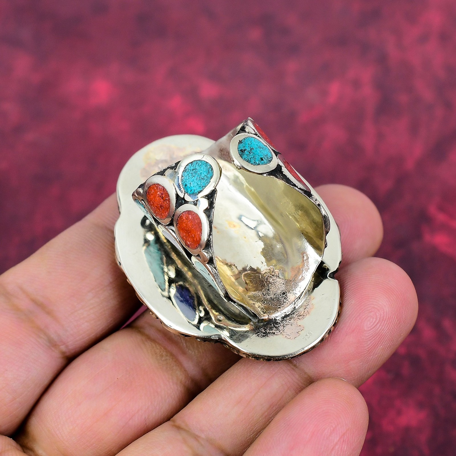 Turquoise & Coral Gemstone Handmade 925 Sterling Silver Nepali Ring Jewelry