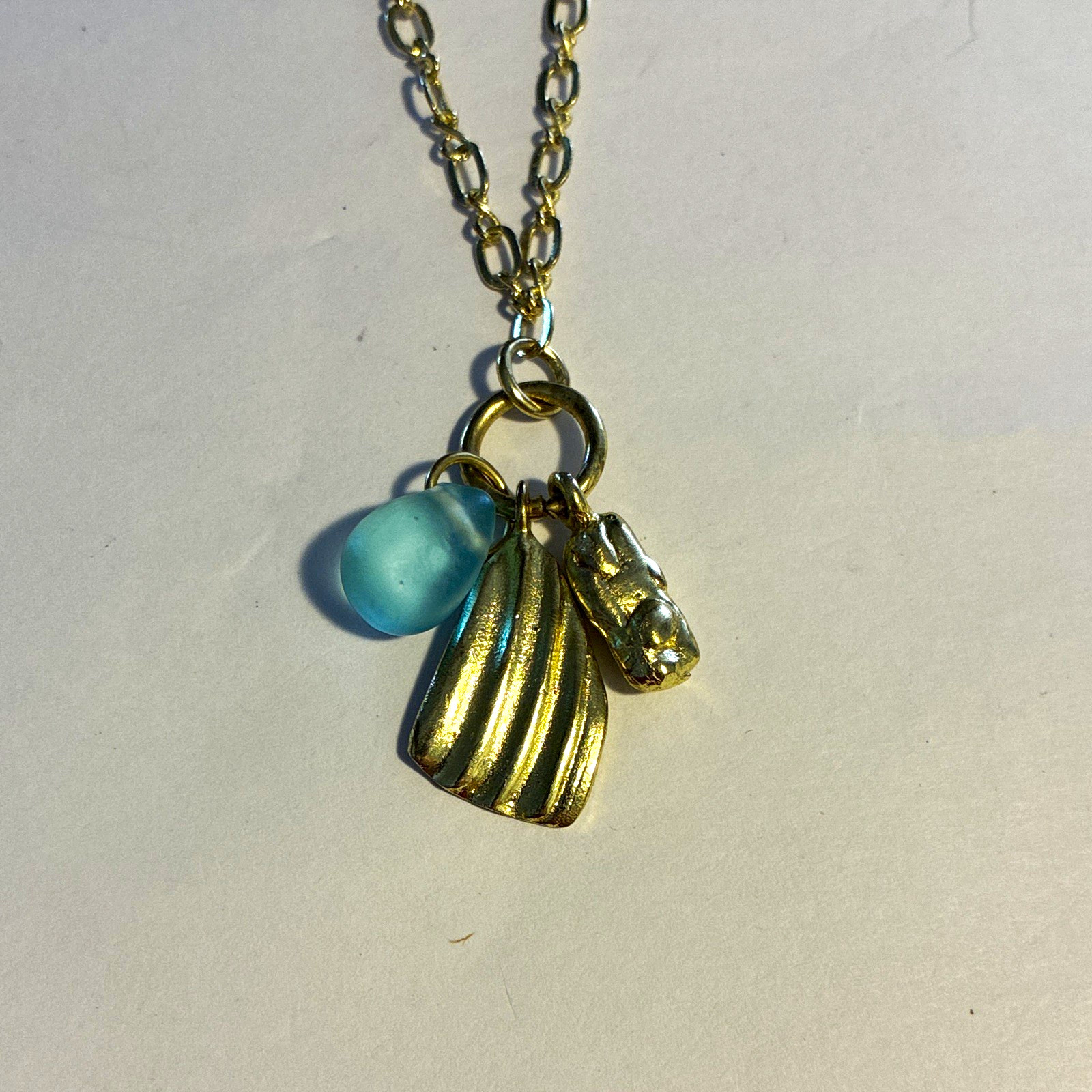 Gold Tone Cable Chain Charm Pendant Necklace Blue Bead Asymmetrical Cluster