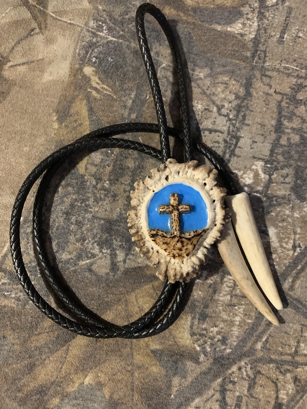 Handmade Bolo Carved Cross/Faith Elk Burr/Crown/Rosette Genuine Leather Cord