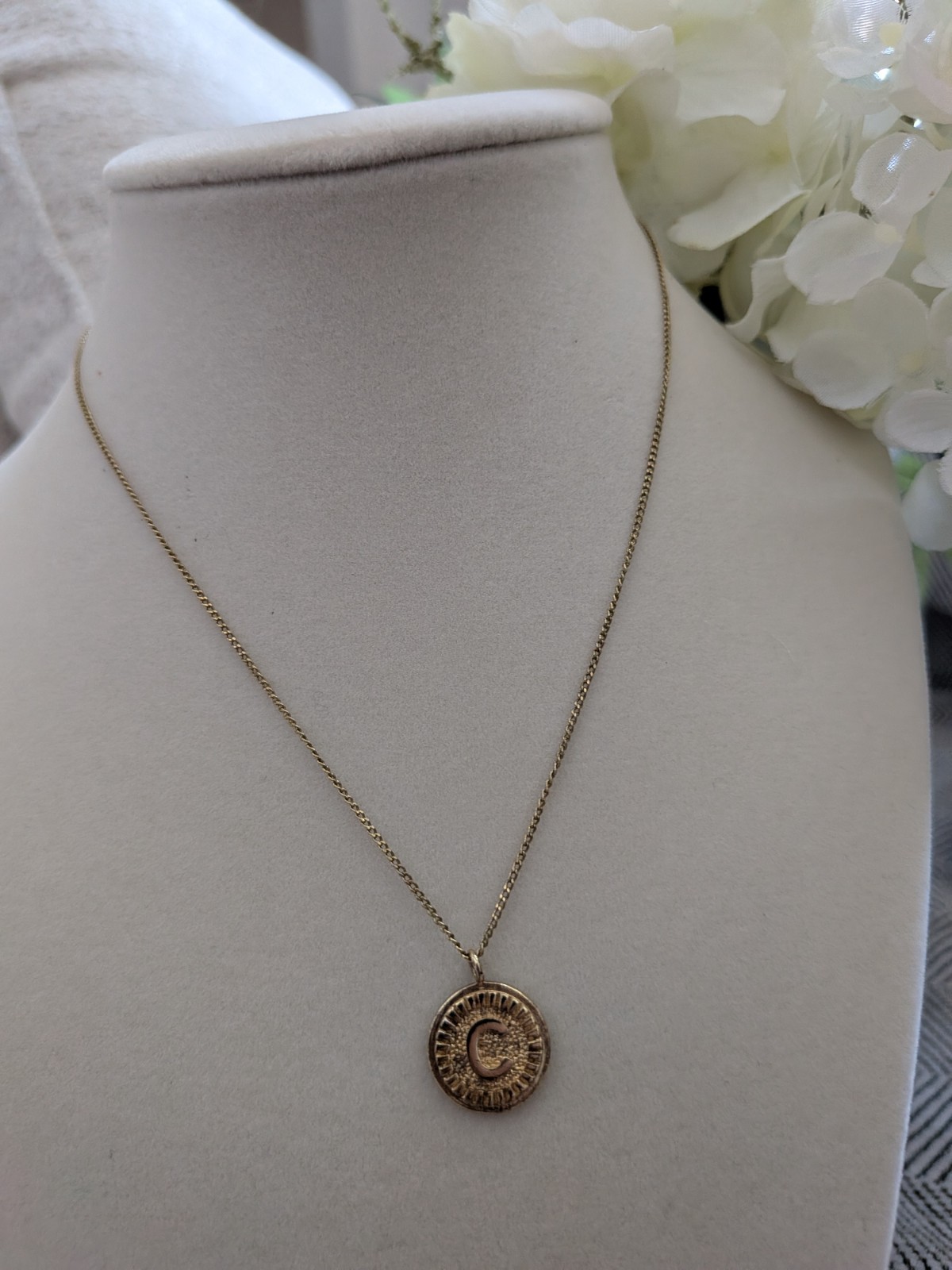 C initial gold sunburst medallion necklace