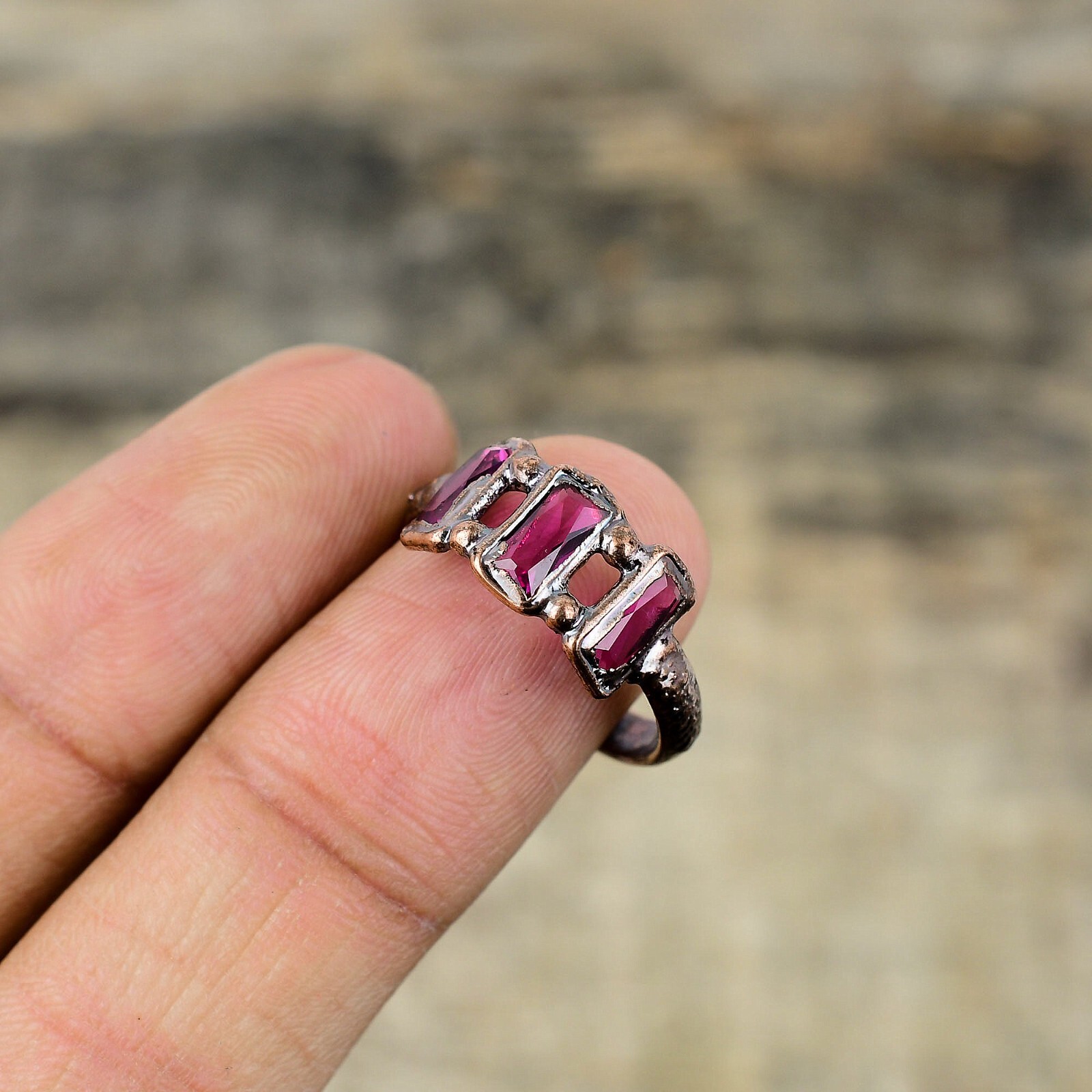 Pink Tourmaline Copper Electroformed Stackable Adjustable Ring Size Adjustable