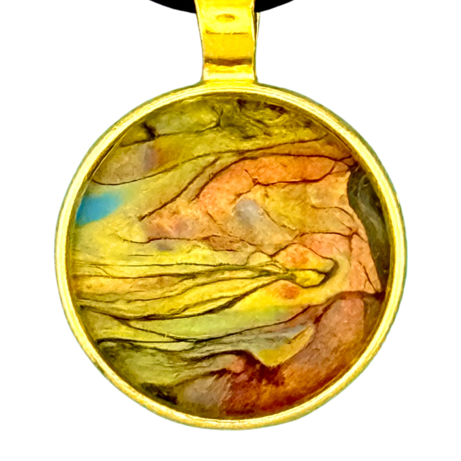 Pendant Necklace Handmade “Agate Sands” Gold Bezel 25mm Black Cord
