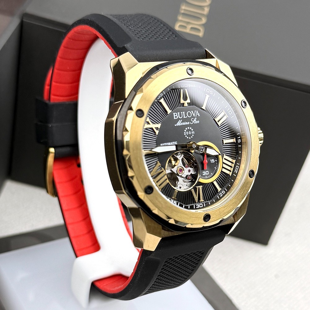 Bulova Men’s Marine Star Black Gold Dial Rubber Strap Automatic Watch 98A272
