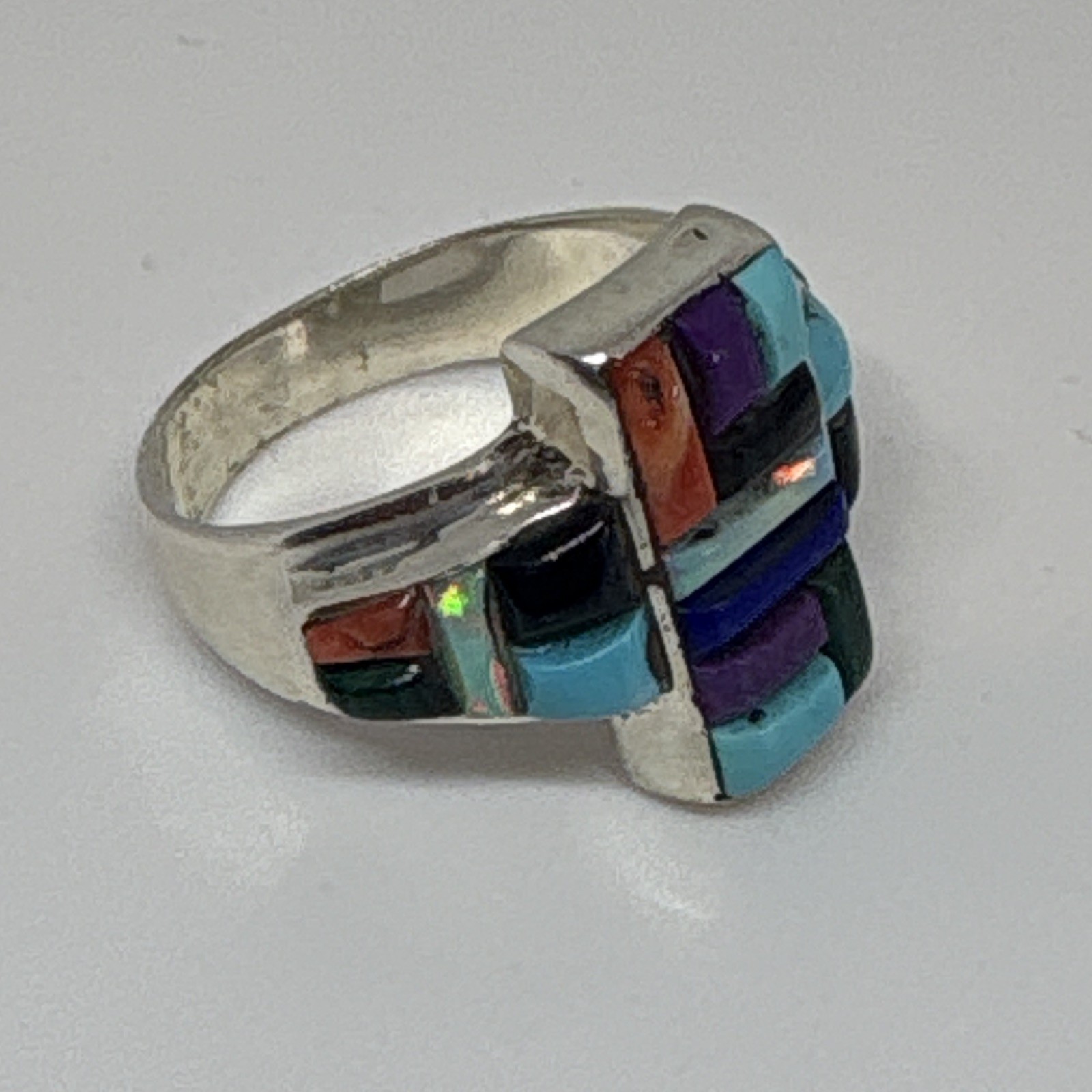 Vintage Native American Multi Stone Mosaic Inlay Ring Size 6.75 Lee Charley