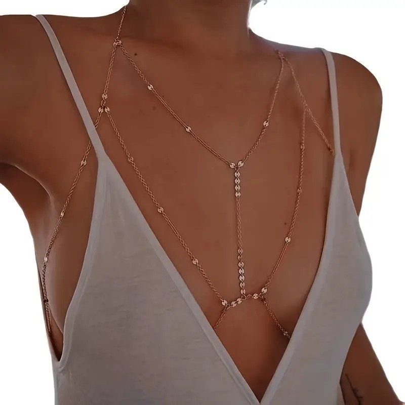Gold Sexy Layered Body Chain Jewelry Harness Necklace, Women Bikini Dress Party