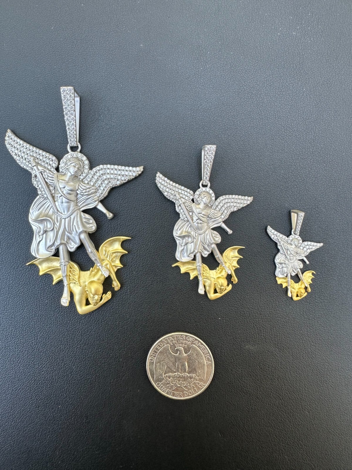 MOISSANITE St Michael Slaying Dragon Pendant 925 Silver & 14k Gold Necklace Iced