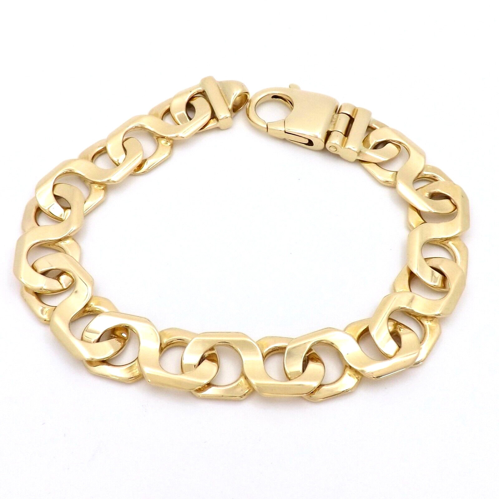 Solid 14K Gold Tiger Eye Link Bracelet Mens 9in Long 7mm Heavy 52.2gr Italy New