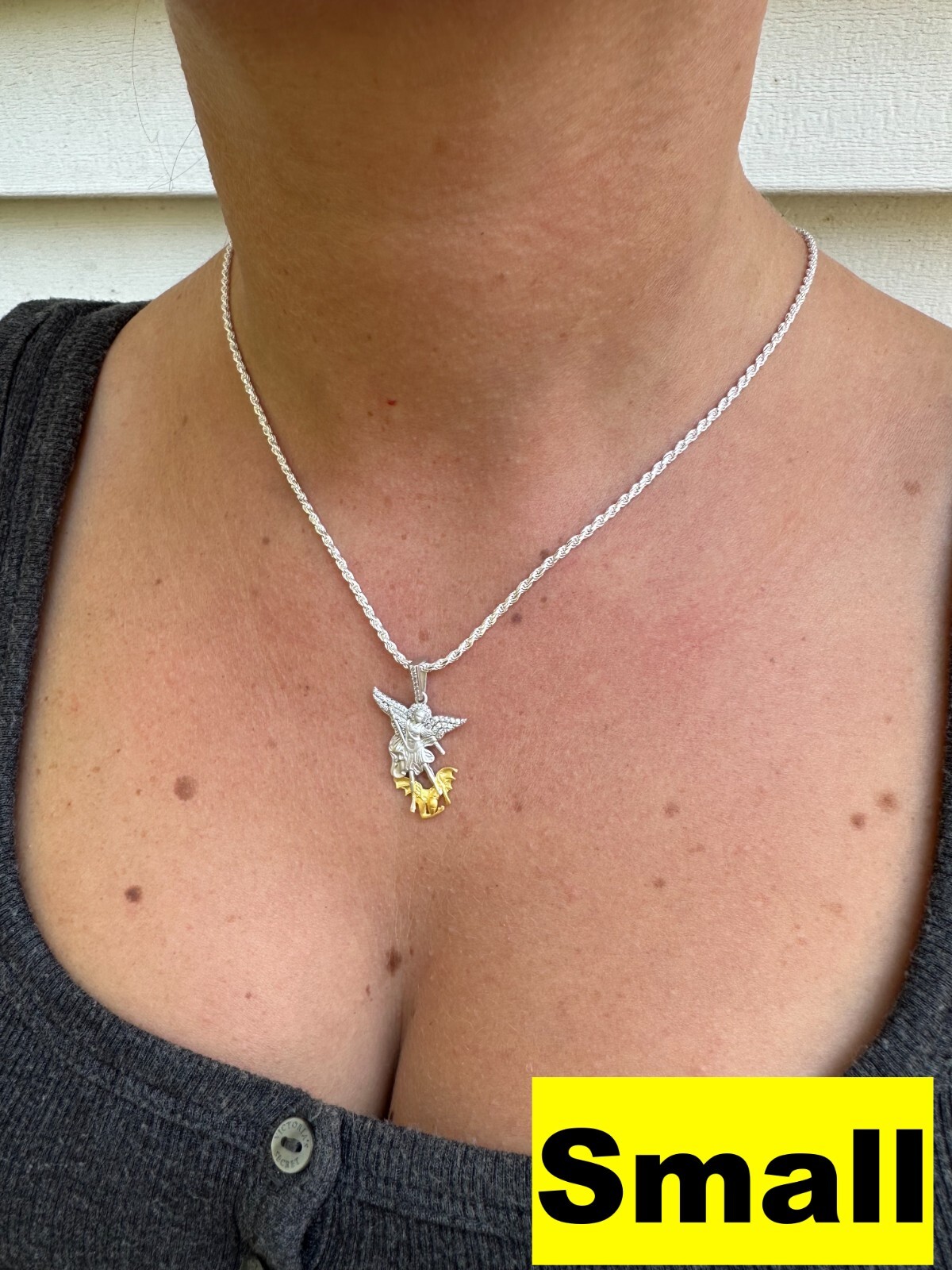 MOISSANITE St Michael Slaying Dragon Pendant 925 Silver & 14k Gold Necklace Iced