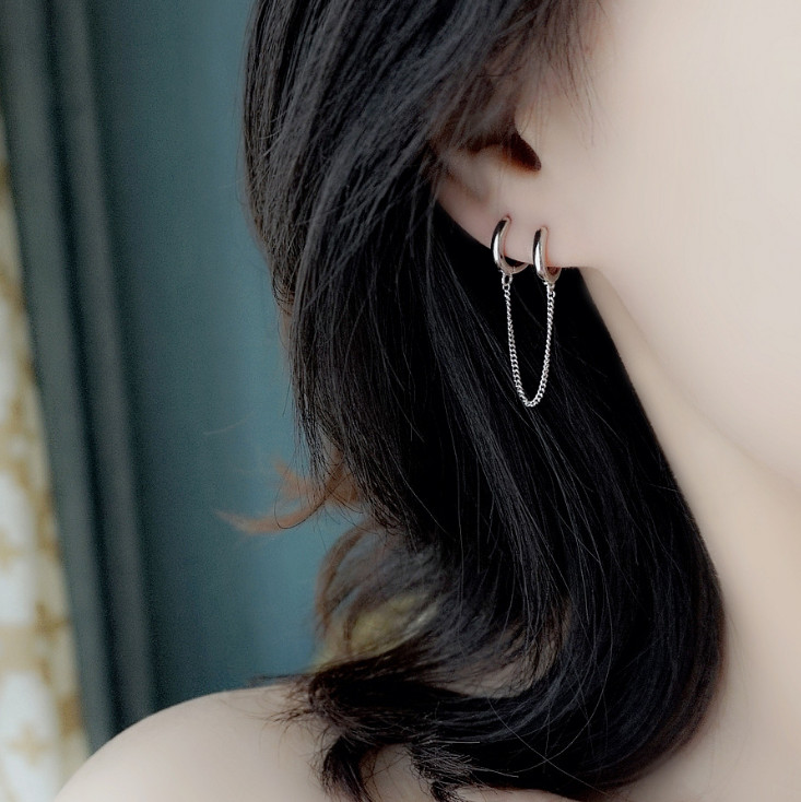 A Pair Chain Linked Sterling Silver Plated Huggie Hoop Earrings 2 Ear Holes F7