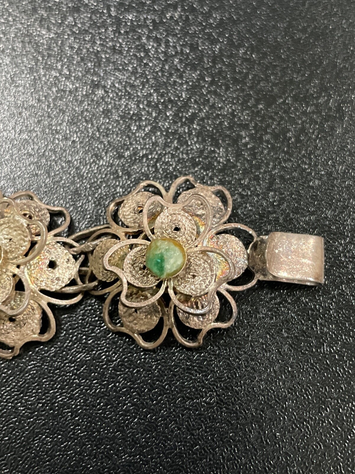Bracelet From Peru Detailed Sterling Silver & Unpolished Emerald 7″