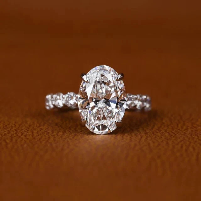 14K White Gold Plated 3.50Ct Real Moissanite Oval Cut Wedding Engagement Ring