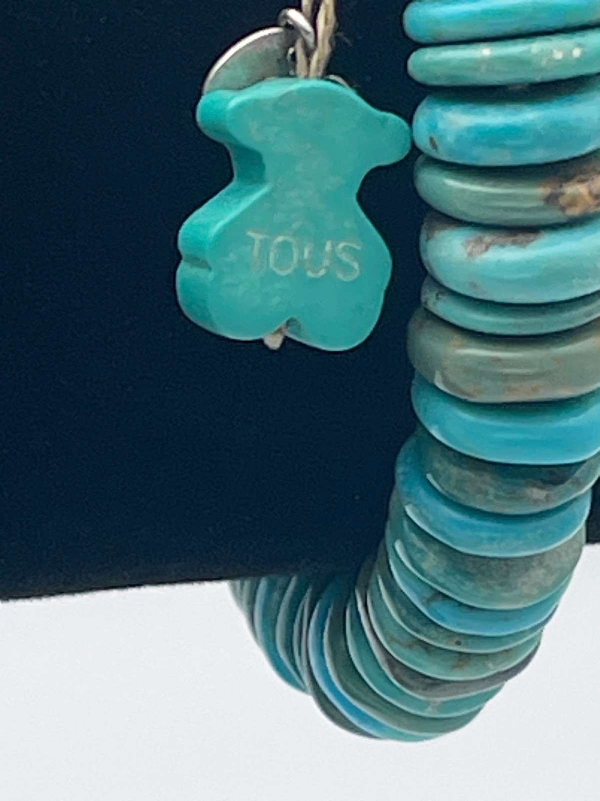 TOUS turquoise gemstone disk stretch bracelet with dangling turquoise charm bear