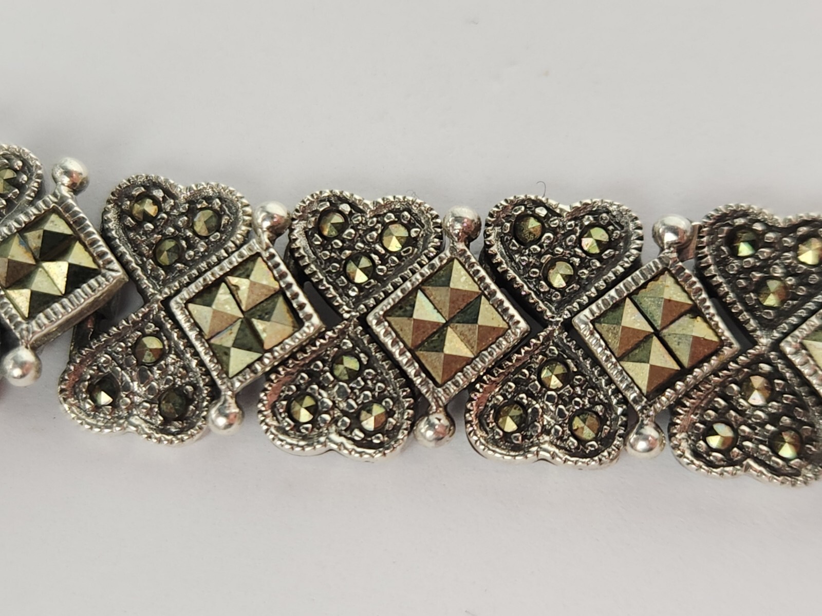 Thai Sterling Silver 925 Marcasite Heart Bracelet 7.5 In – THAI KC 925 – HSNO