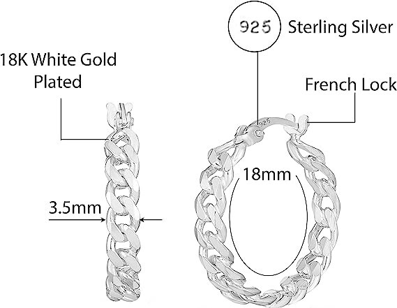 Italian Solid 925 Sterling Silver 20MM Curb Chain Huggie Hoop Earrings For Women