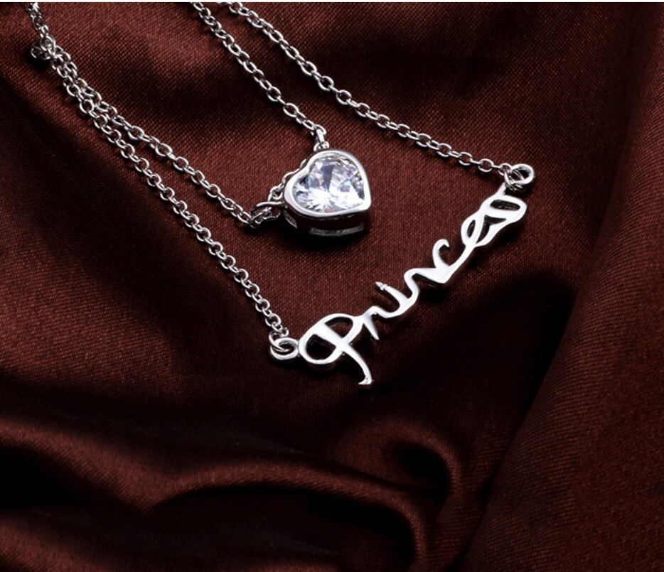 18K White Gold Filled HypoAllergenic Crystal Heart/Princess Layered Necklace