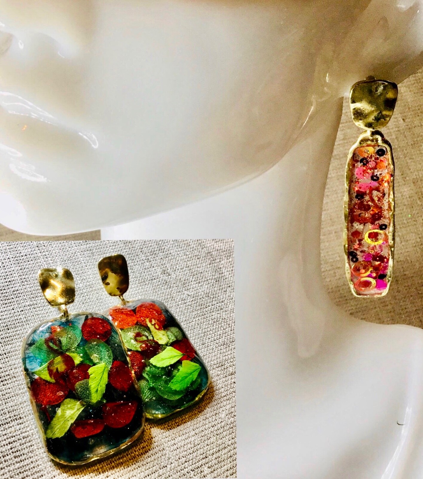 Flamingo Drop Earrings with Real Flowers, Colorful Confetti Earrings set of 2