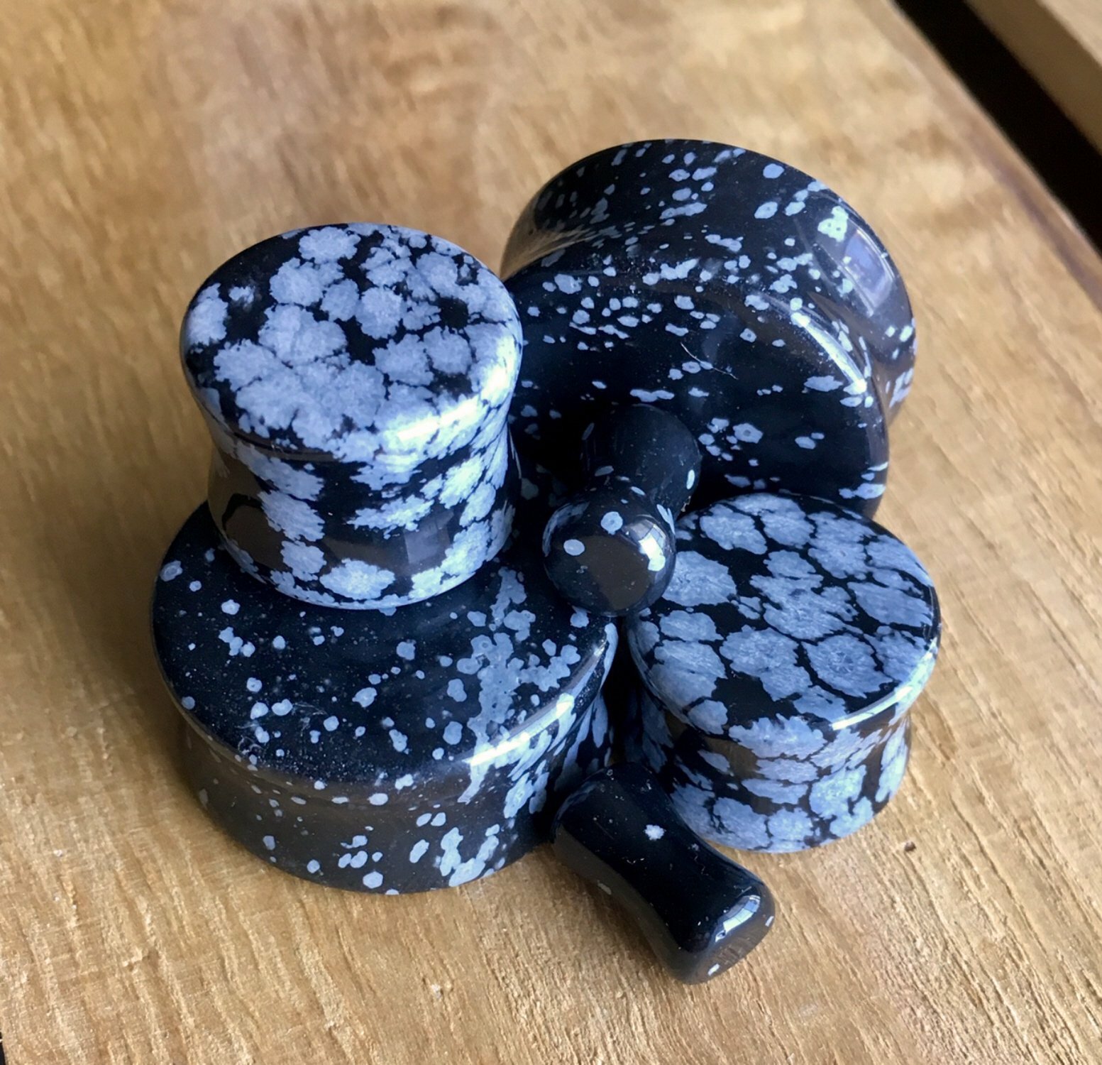 PAIR Snowflake Obsidian Stone Plugs Gauges – 3mm (8g) to 25mm (1.5″) available!
