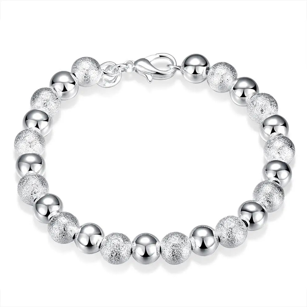 925 Sterling Silver Charm Glossy Bead Bangle Women’s Fashion Bracelet Jewelry