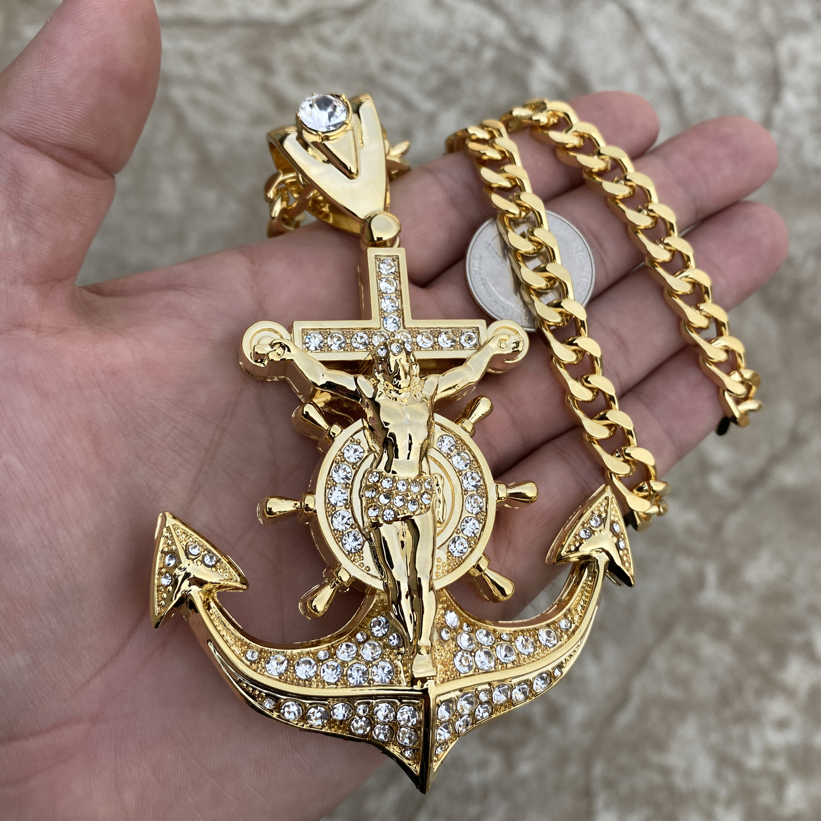 18K Gold Plated Huge Mariners Cross Anchor Jesus Chain 30″ Simulated CZ 30″
