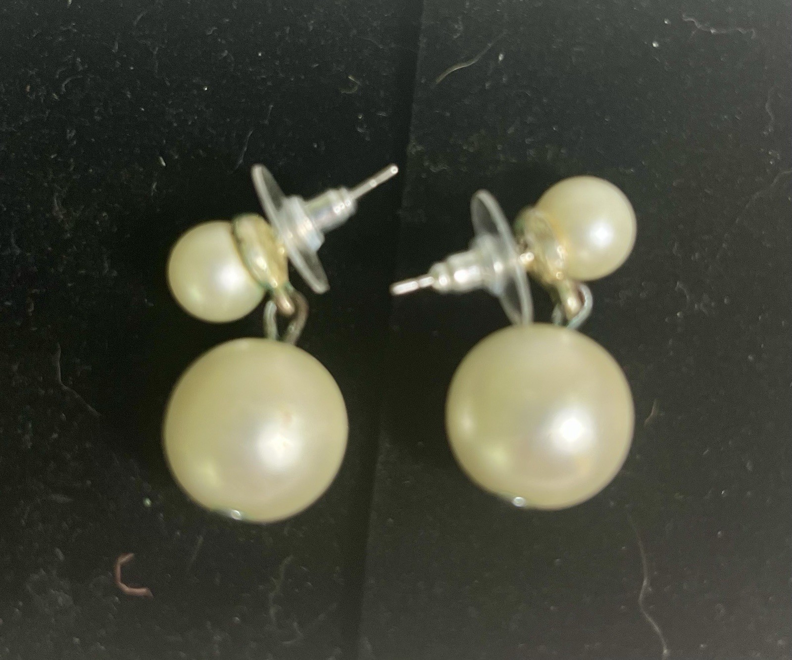 Double Pearl Drop Dangle Earrings White Faux Pearl Post Back VTG Style Old Money