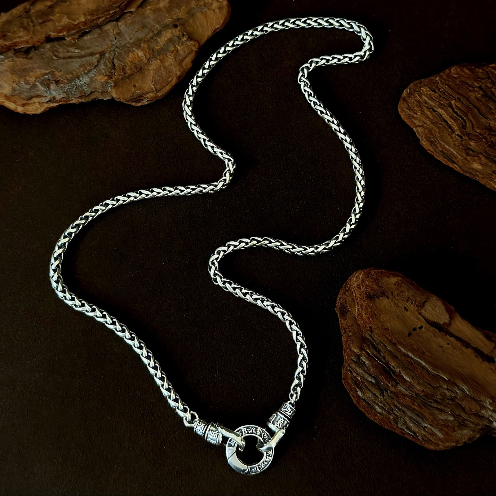 Solid S925 Silver Buddhist Mantra Necklace Spiga/Wheat Chain Pendant Holder Gift